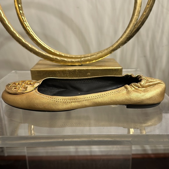 Tory Burch Reva Metallic Gold Ballet Flat With Gold Metal Double T Logo - Picture 6 of 16